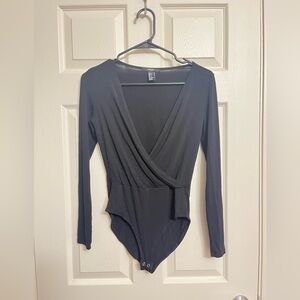 Forever 21 Black Long Sleeve Plunge Front Bodysuit